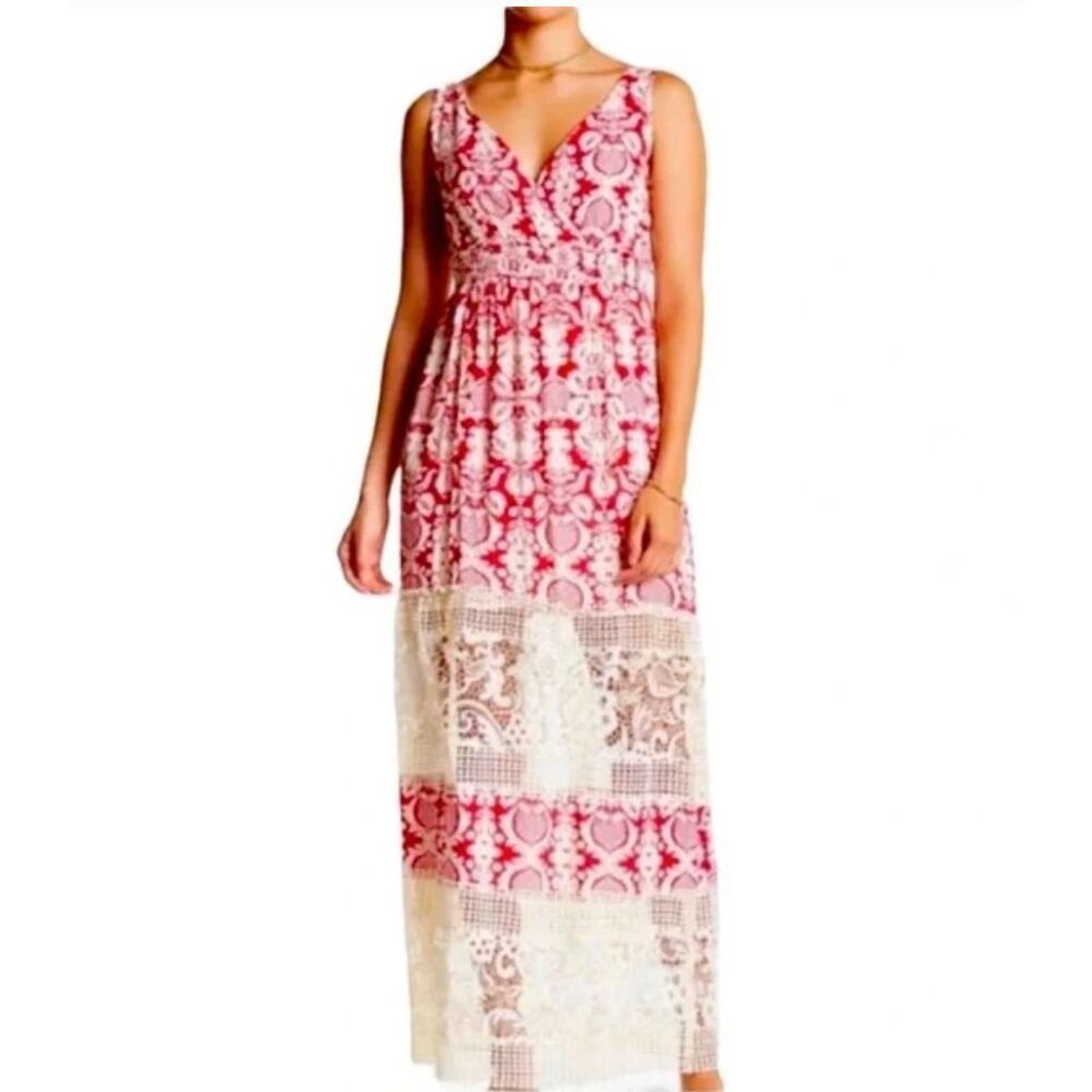 Anthropologie Sunday in Brooklyn Lace Maxi Dress Women's Medium Red Crochet